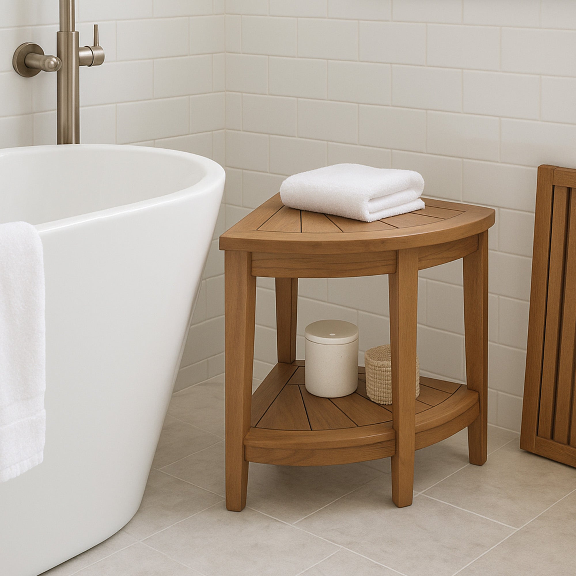 TB10.jpg Tanzania Oiled Teak Shower and Bath Corner Stool with Shelf - 17.5" - Image 1